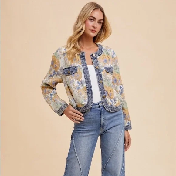 Annie Wear Floral Jacquard Denim Contrast Button Down Jacket - Picture 5 of 5